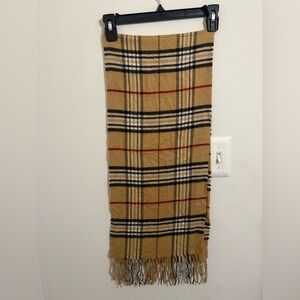 Classic Plaid Fringe Scarf – Tan / Camel w/ Black, White & Red Stripes